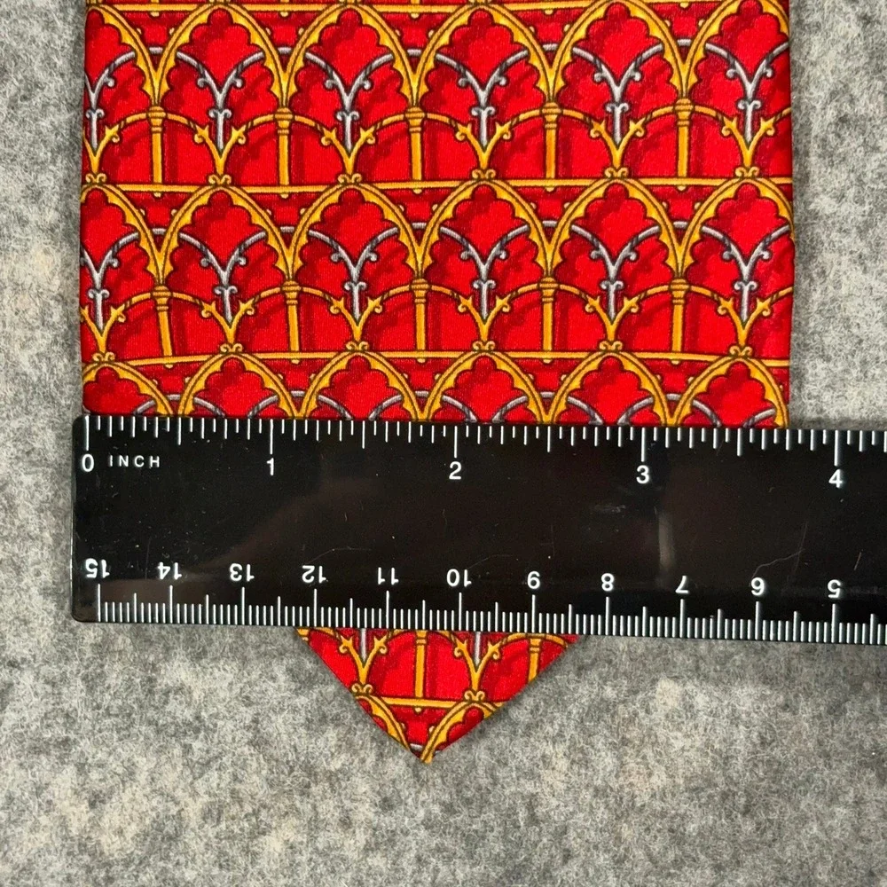 Vintage Pierre Balmain 100% Silk Tie Red‎ Gold Gothic Arches France 3.75x59